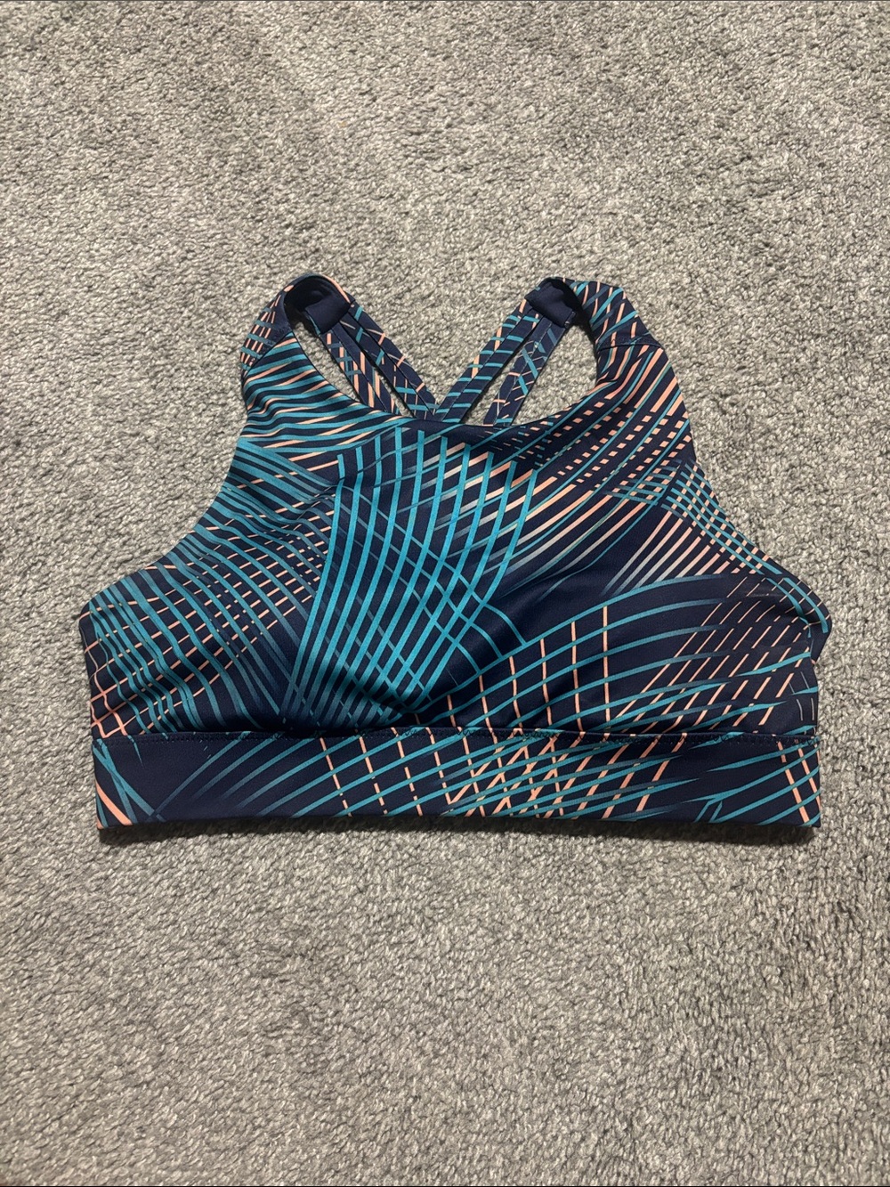 Hylete Navy & Teal High-Neck Strappy Sports Bra with Coral Accents